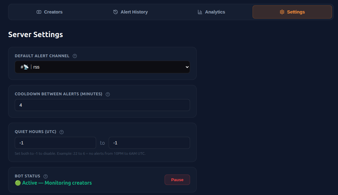 SocialBeacon Dashboard — Settings panel showing creator monitoring and alert management
